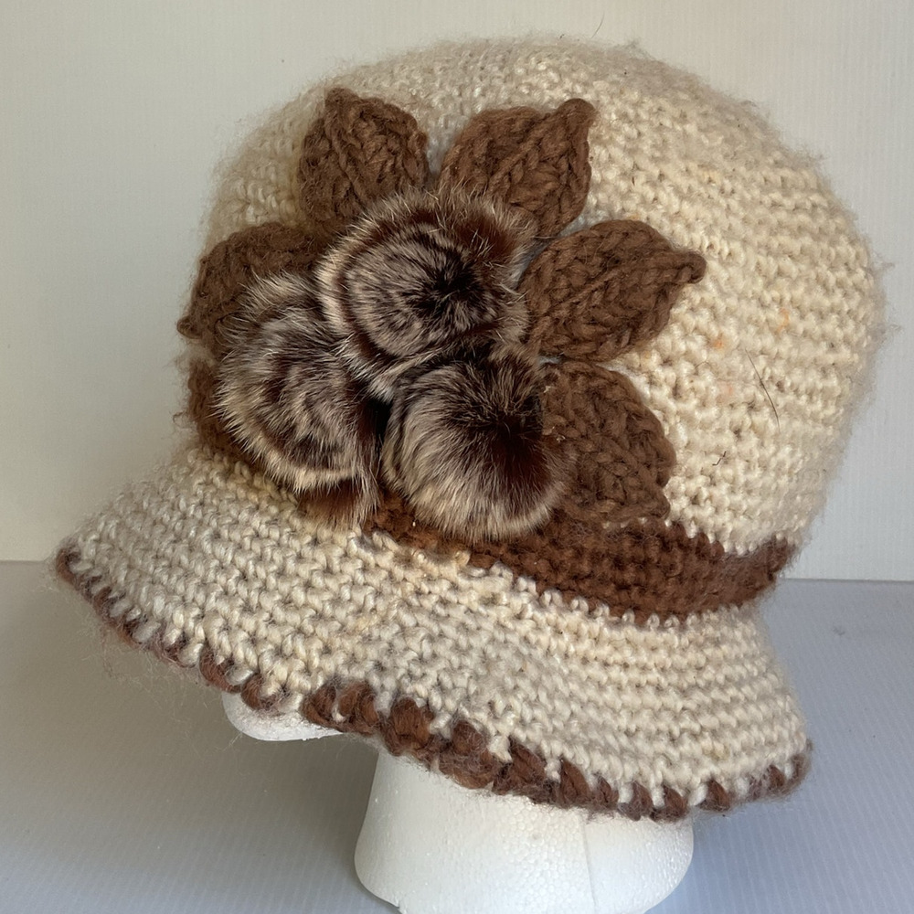 Vintage Bucket Hat Sherpa Crochet Cloche Cream Brown with Faux Fur Flower Accent